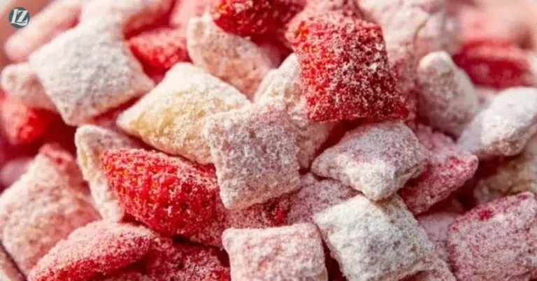 Bowl of Strawberry Shortcake Puppy Chow with strawberries and crunchy cereal.