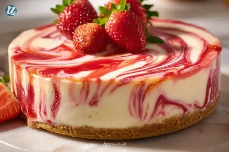 Delicious slice of strawberry swirl cheesecake topped with fresh strawberries