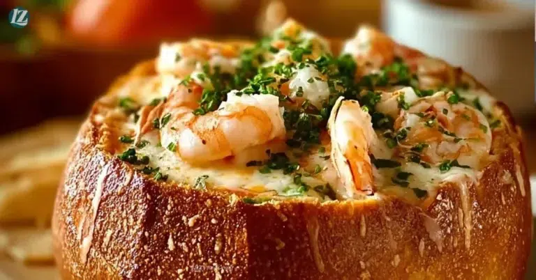 Stuffed seafood soup served in a bread bowl for a delicious meal