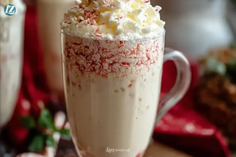 A delicious peppermint float topped with whipped cream and crushed candy canes.