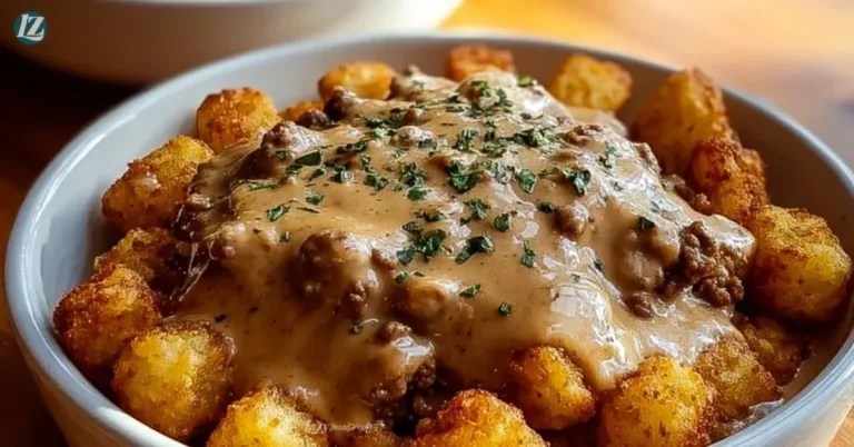 Tater Tot Breakfast Bowl topped with sausage gravy, perfect for a hearty breakfast.