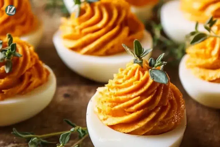 Plate of Thanksgiving deviled eggs garnished with herbs and spices.