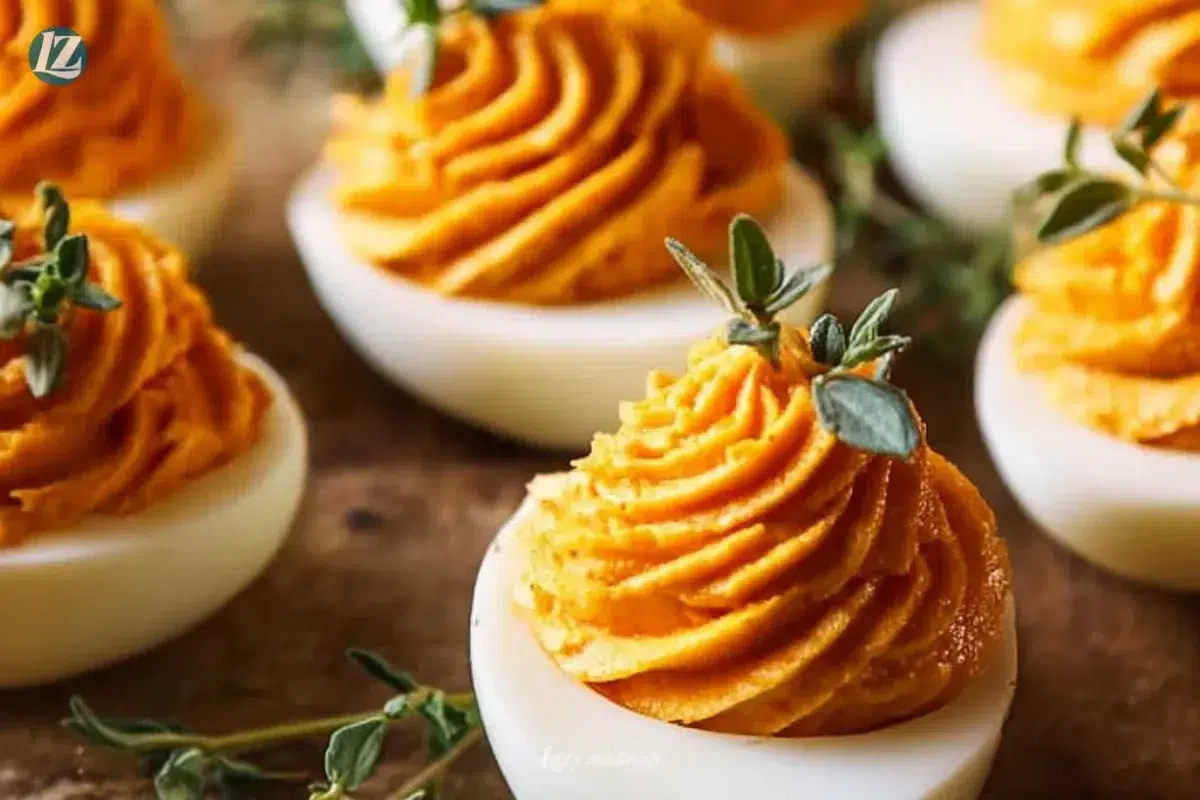 Plate of Thanksgiving deviled eggs garnished with herbs and spices.