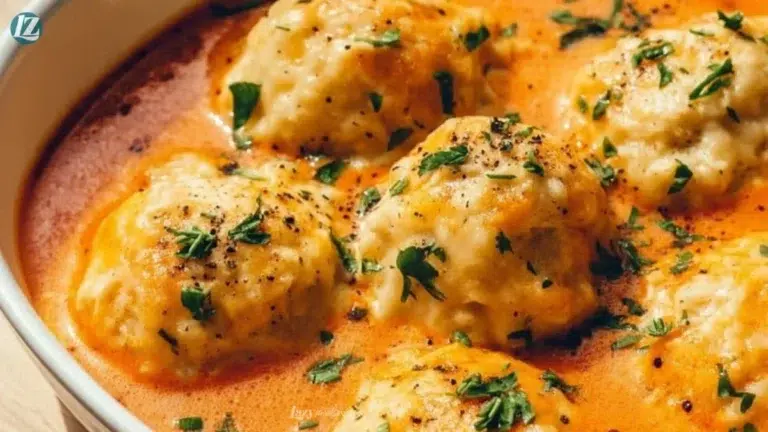 Bowl of Tomato Soup topped with Cheddar Bay Dumplings on a wooden table.