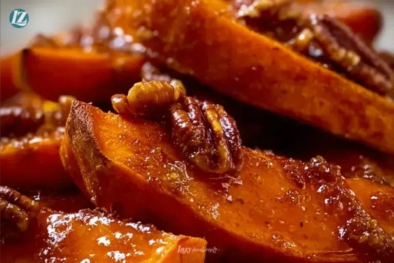 Walnut maple roasted sweet potatoes ready to serve as a delicious side dish