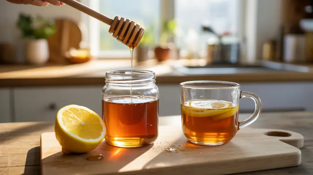 Raw honey jar with fresh lemon and warm drink for honey trick recipe on kitchen counter