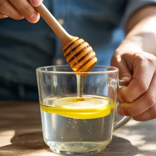 Stirring raw honey into warm lemon water to make honey trick recipe drink