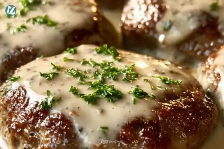 Delicious Amish hamburger steak bake served on a plate with sides.