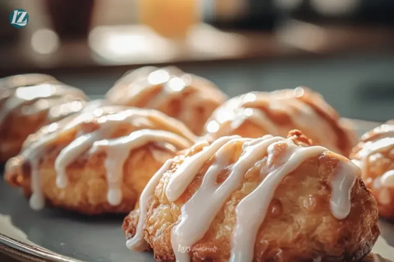 Baked apple fritters drizzled with glaze on a plate