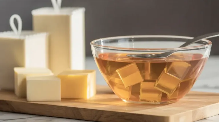 A bowl of gelatin mixture for a weight loss recipe with ingredients displayed.