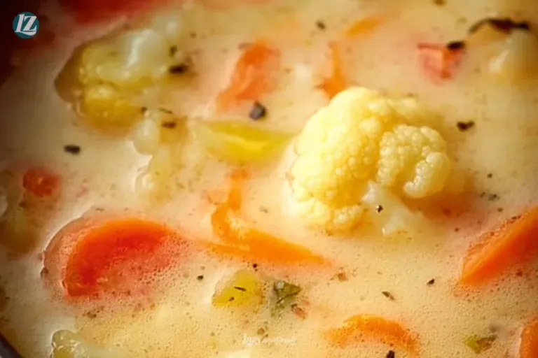 Bowl of cheesy creamy cauliflower soup garnished with herbs and cheese