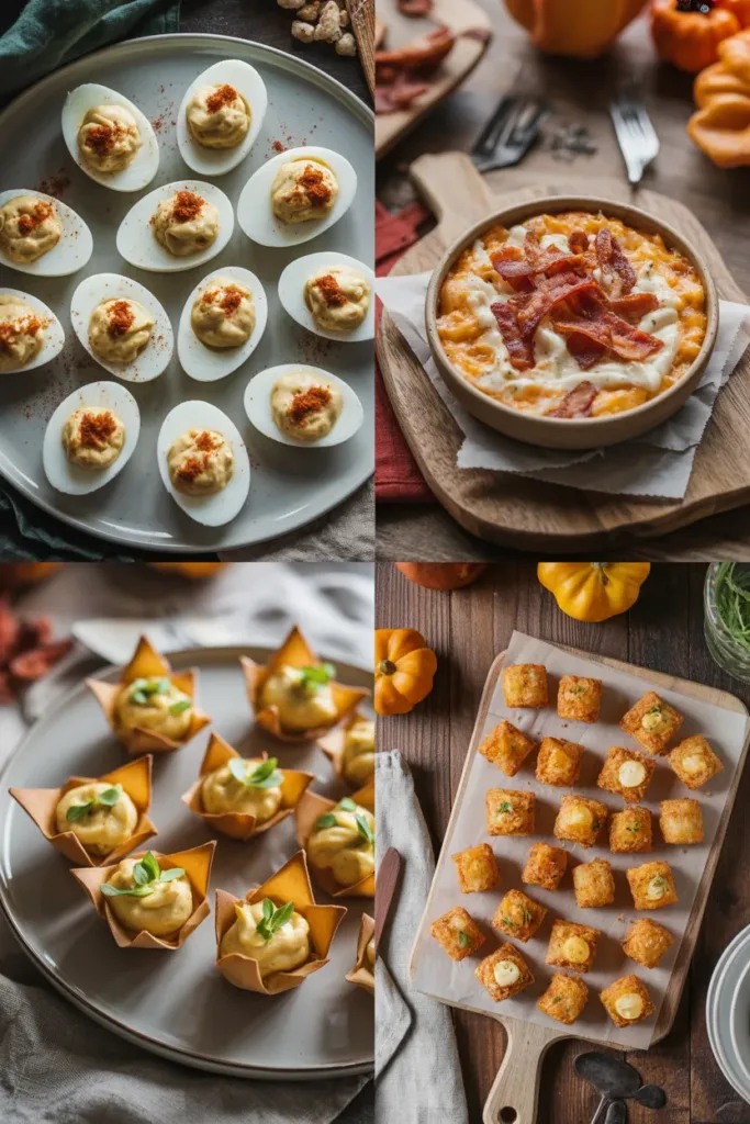 Pinterest collage of 7 quick Thanksgiving appetizers including bacon cheese dip, deviled eggs, wonton cups and loaded tater tots