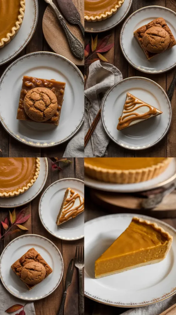 Collage of Thanksgiving desserts including pumpkin pie slice, caramel apple bars, and cinnamon cookies on rustic wood with fall décor