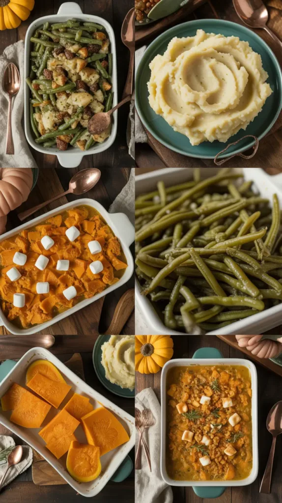 Top-down view of nine make-ahead Thanksgiving side dishes including casseroles, roasted vegetables, and stuffing perfect for holiday meal prep