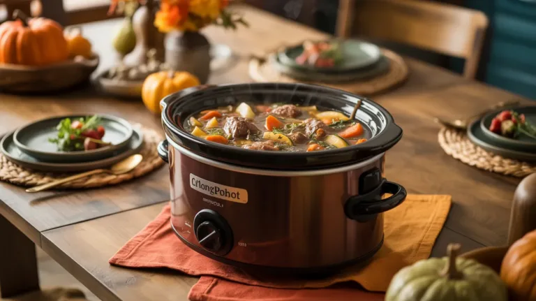 Cozy crockpot dinner with beef stew and vegetables in rustic slow cooker on wooden table for Thanksgiving week