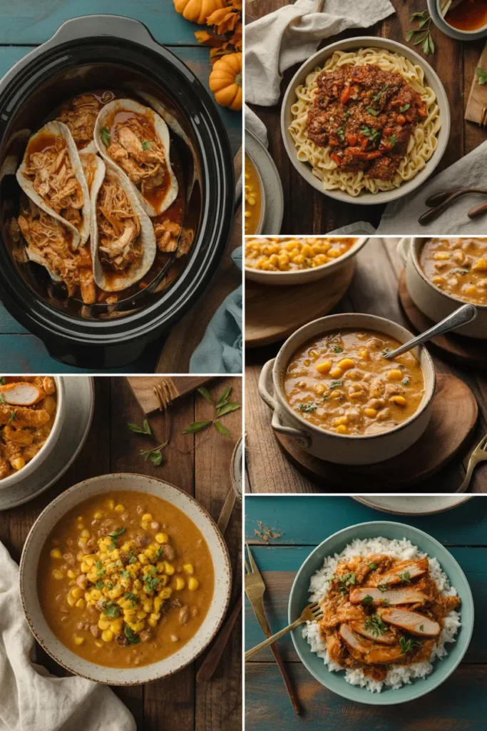 Collection of easy crockpot dinners recipes including tacos, beef ragu, and corn chowder for Thanksgiving week