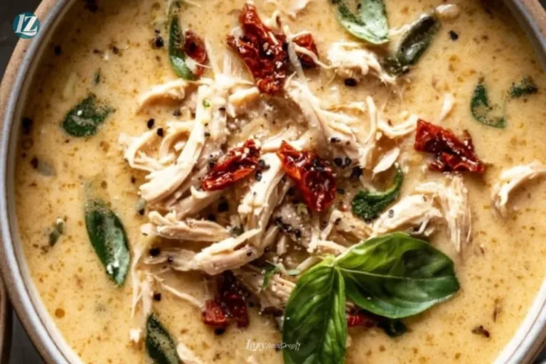 A bowl of cozy Crockpot soup with vegetables and herbs, perfect for a warming meal.