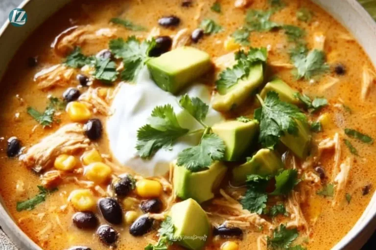 Bowl of creamy chicken enchilada soup topped with cheese and cilantro