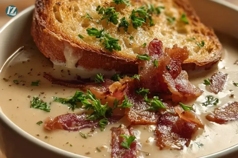 A bowl of creamy Reuben soup, garnished with parsley and served with rye bread.