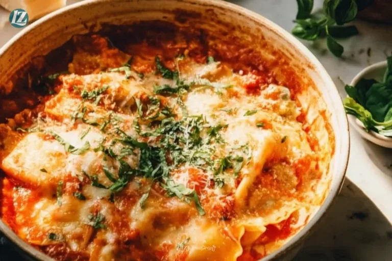 Bowl of easy creamy lasagna soup topped with cheese and herbs.