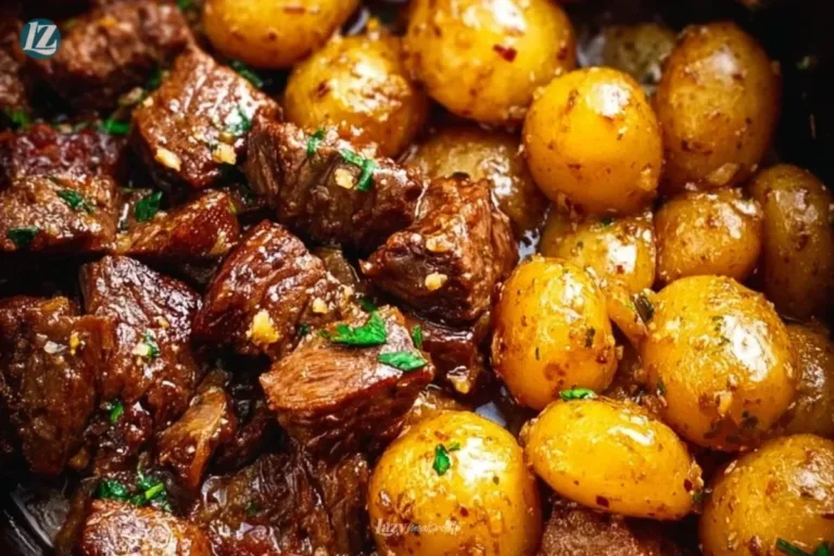 Garlic Butter Beef Bites with crispy potatoes freshly cooked in garlic butter