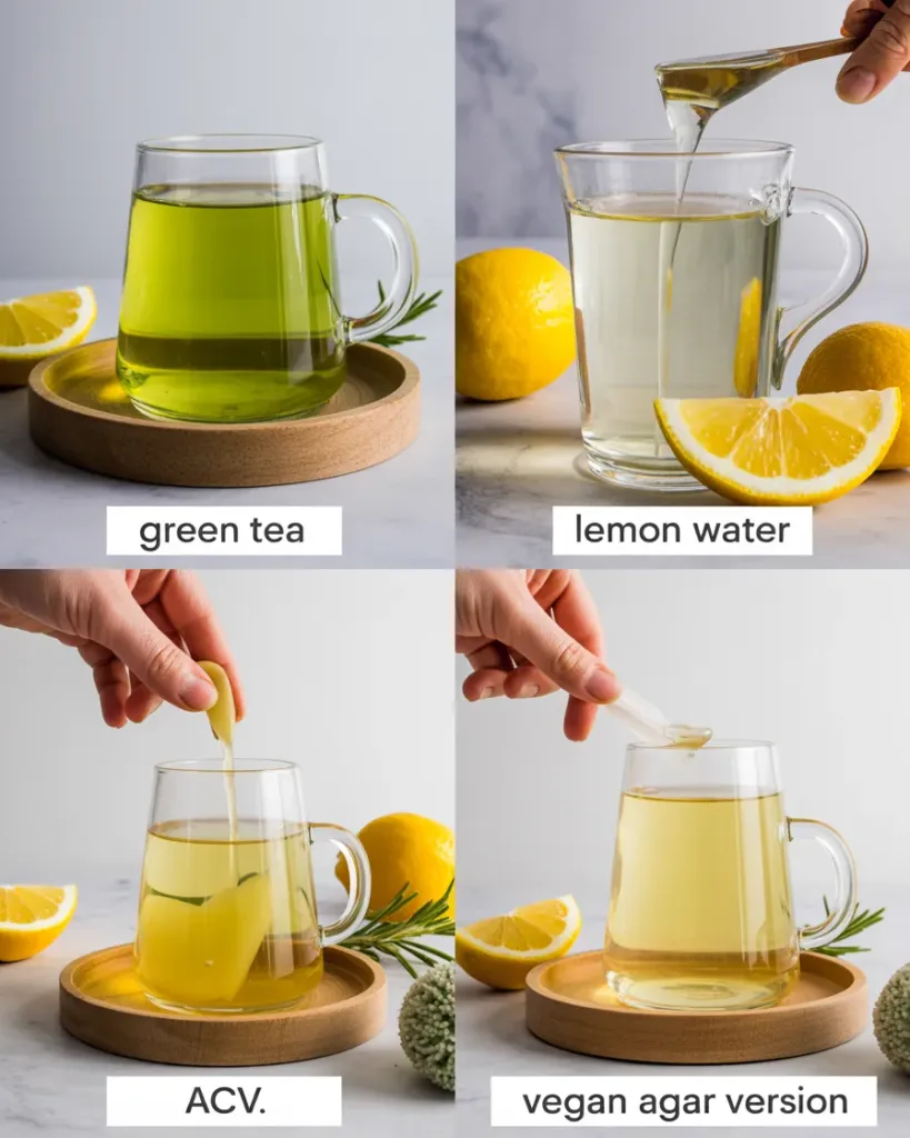 Four variations of gelatin trick: green tea, lemon water, ACV, and vegan agar version