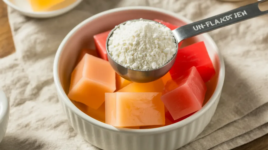 Colorful gelatin cubes in white bowl with measuring spoon of unflavored gelatin powder