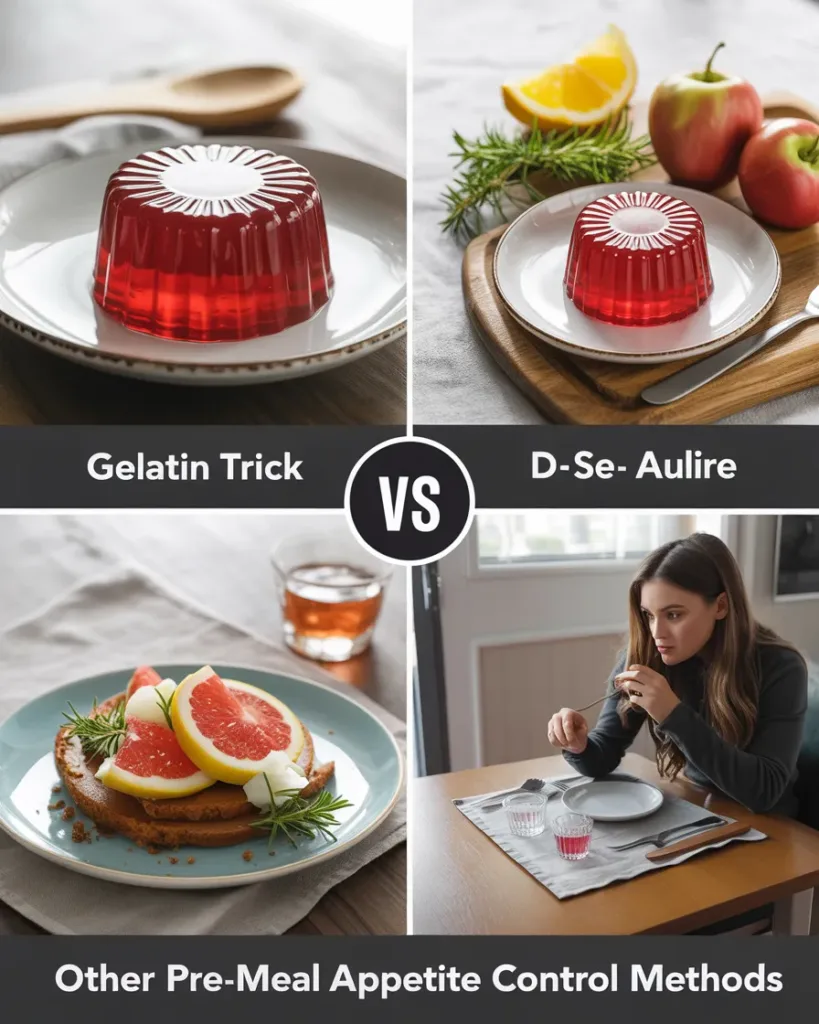 Visual comparison table of gelatin trick vs other pre-meal appetite control methods