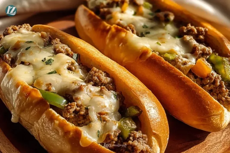 Homemade Ground Beef Philly Cheesesteaks served with cheese and peppers.