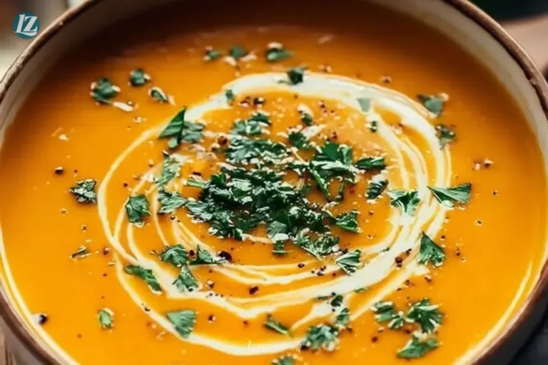 Bowl of healthy butternut squash soup garnished with herbs