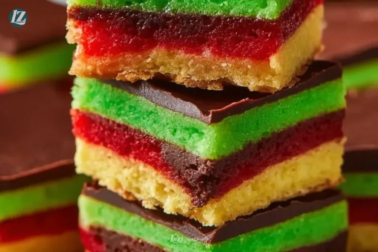 A close-up of colorful Italian rainbow cookies stacked on a plate.
