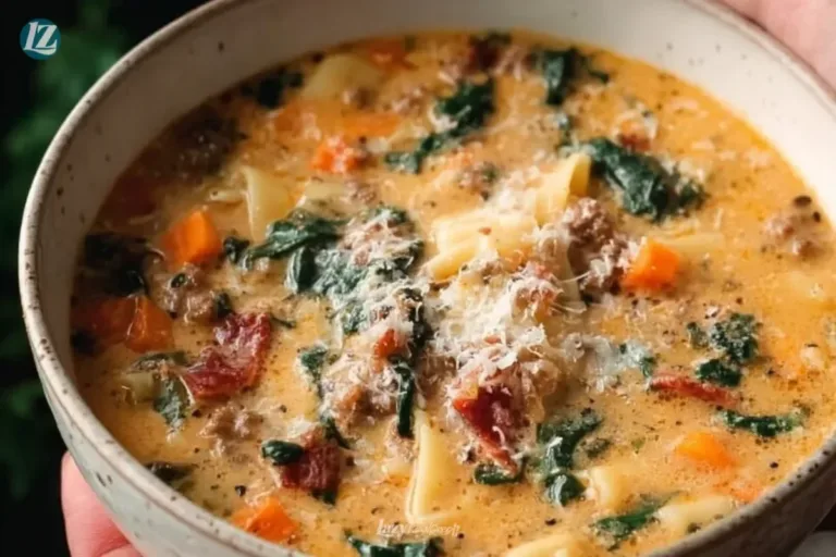 Bowl of Italian Sausage Pasta Soup garnished with fresh herbs