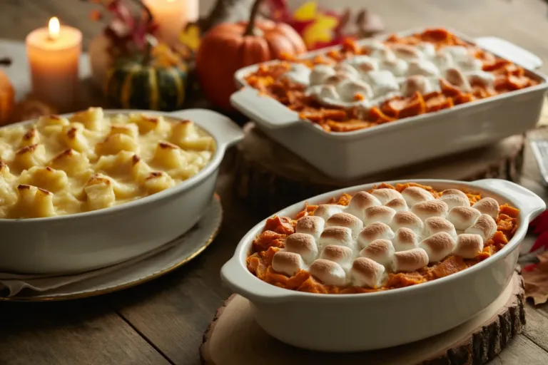 Make-ahead Thanksgiving side dishes including scalloped potatoes, sweet potato casserole with marshmallows, and green bean casserole arranged on rustic table with autumn décor