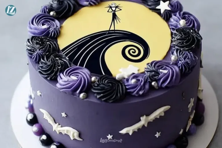 Beautifully decorated Nightmare Before Christmas cake featuring Jack Skellington and Halloween Town motifs.