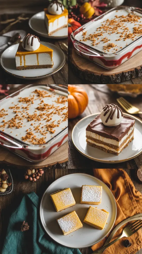 Collage of no-bake Thanksgiving desserts including pumpkin cheesecake, strawberry lasagna, buckeye graham crackers and lemon bars on rustic table