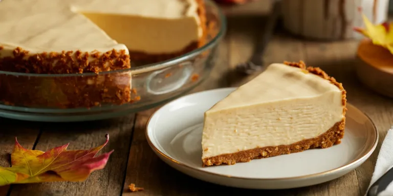 Slice of no-bake pumpkin cheesecake with gingersnap crust on white plate with layered desserts in background on rustic wooden table