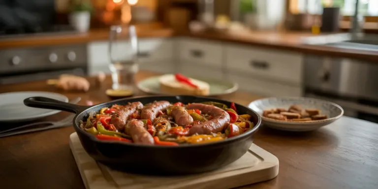 One-pan sausage and peppers dinner in cast iron skillet on wooden table with minimal cleanup for easy weeknight cooking