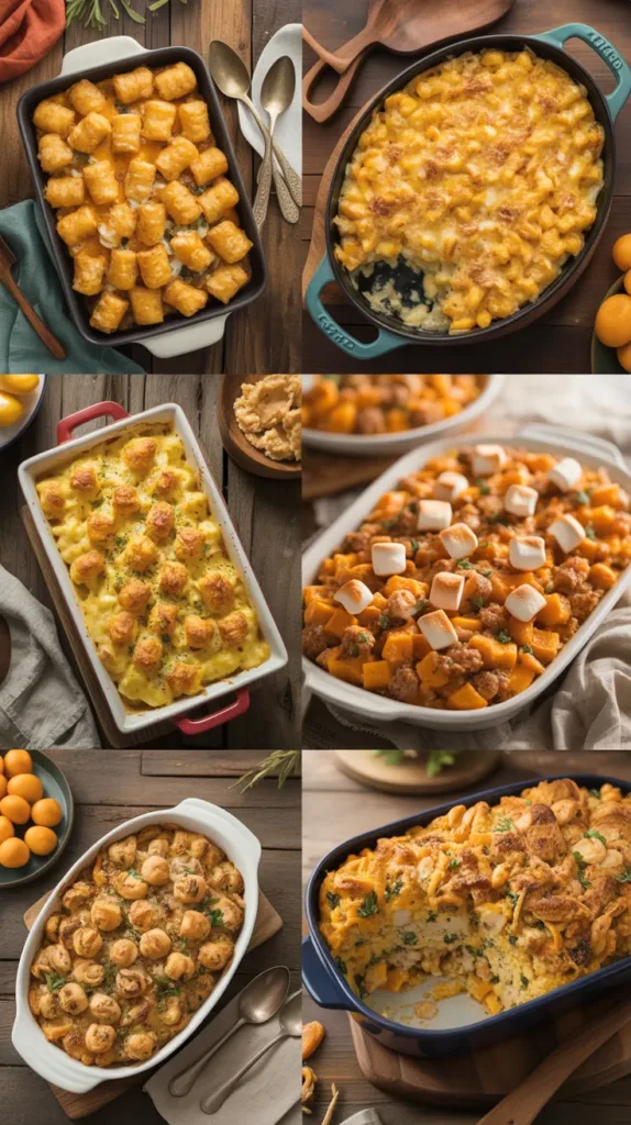 Collage of four Thanksgiving casseroles including tater tot casserole, mac and cheese, sweet potato casserole, and chicken stuffing casserole