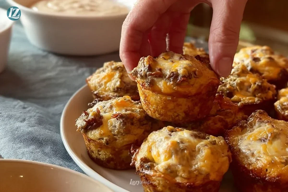 Freshly baked sausage muffins on a wooden table.
