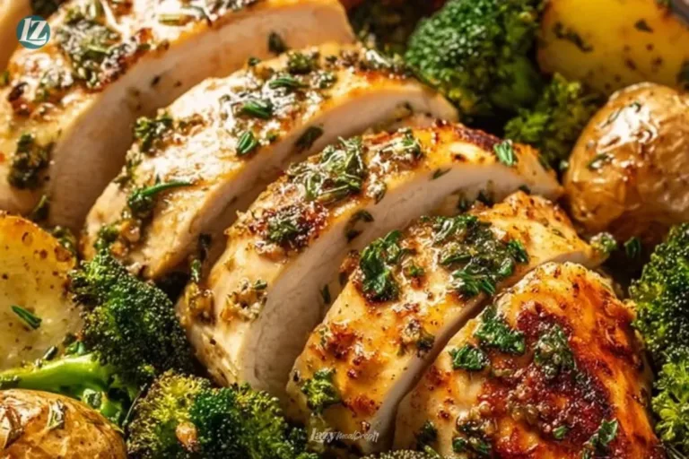 Sheet pan garlic butter chicken with colorful veggies on a baking tray