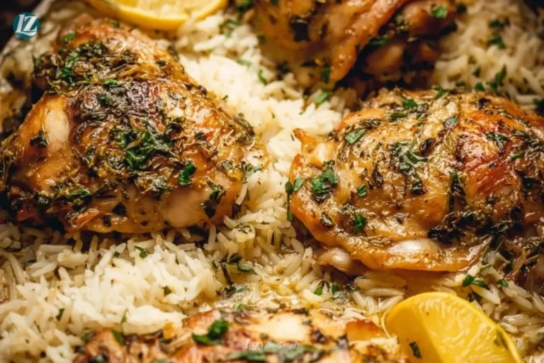 Slow cooker lemon herb chicken served with fluffy rice in a bowl