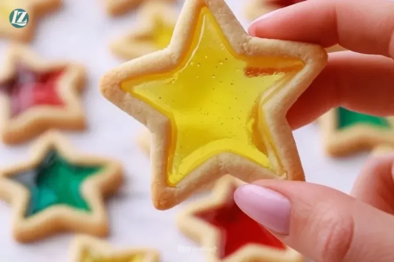 Colorful stained glass cookies displayed on a wooden table