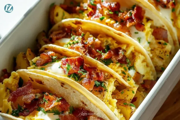 Delicious baked breakfast tacos served on a plate with fresh toppings.