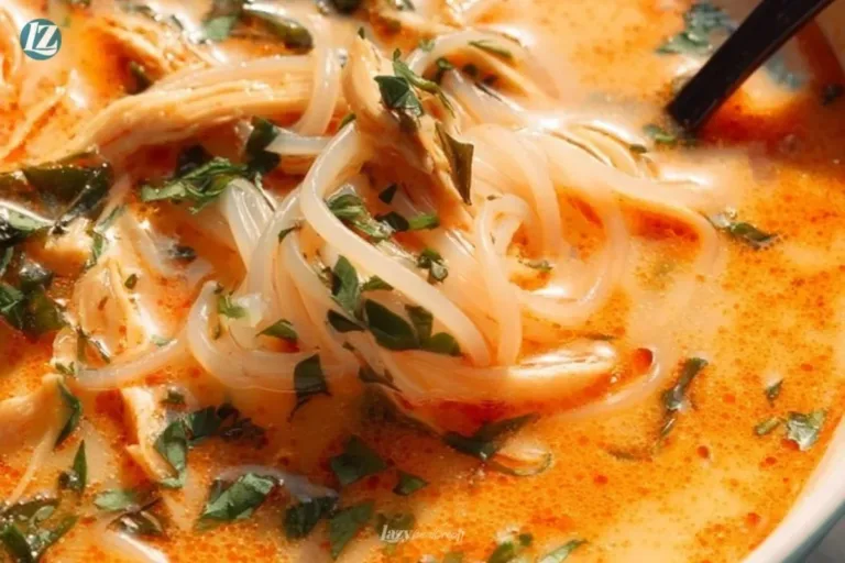 Bowl of Thai inspired chicken soup with fresh herbs and spices