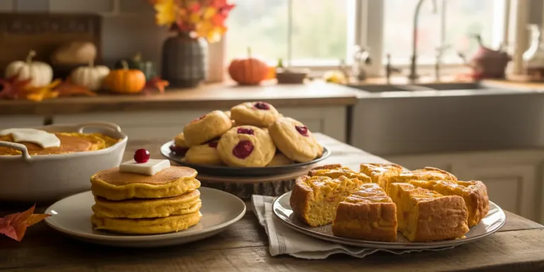 Fluffy pumpkin spice pancakes topped with butter and maple syrup on white plate