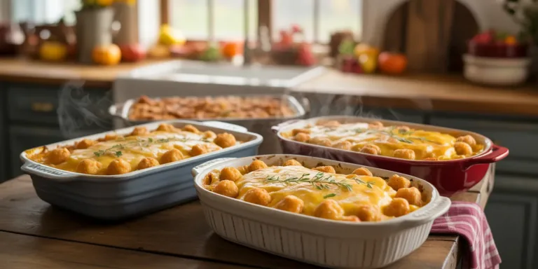 Golden Thanksgiving casseroles in rustic baking dishes on wooden table with autumn decorations