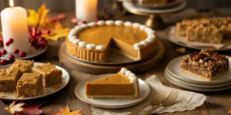 Thanksgiving dessert spread with pumpkin pie, apple bars, and pecan treats on rustic wooden table with vintage napkins and autumn décor