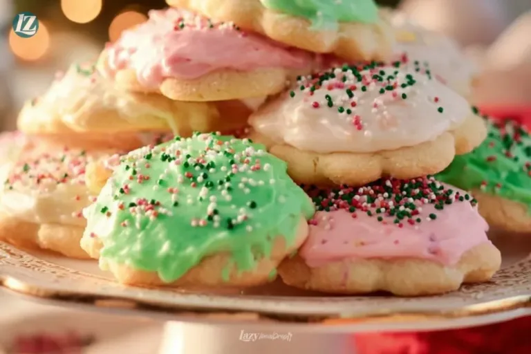 Plate of traditional Italian Christmas cookies Anginetti decorated with icing.