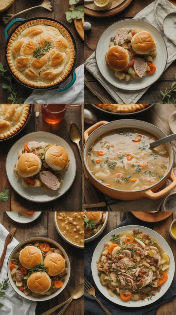 Five turkey leftover recipes including pot pie, sliders, soup, and casserole arranged in collage