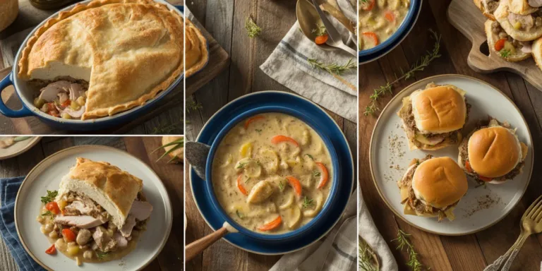Thanksgiving turkey leftovers transformed into pot pies, soup, and casseroles on rustic wooden table